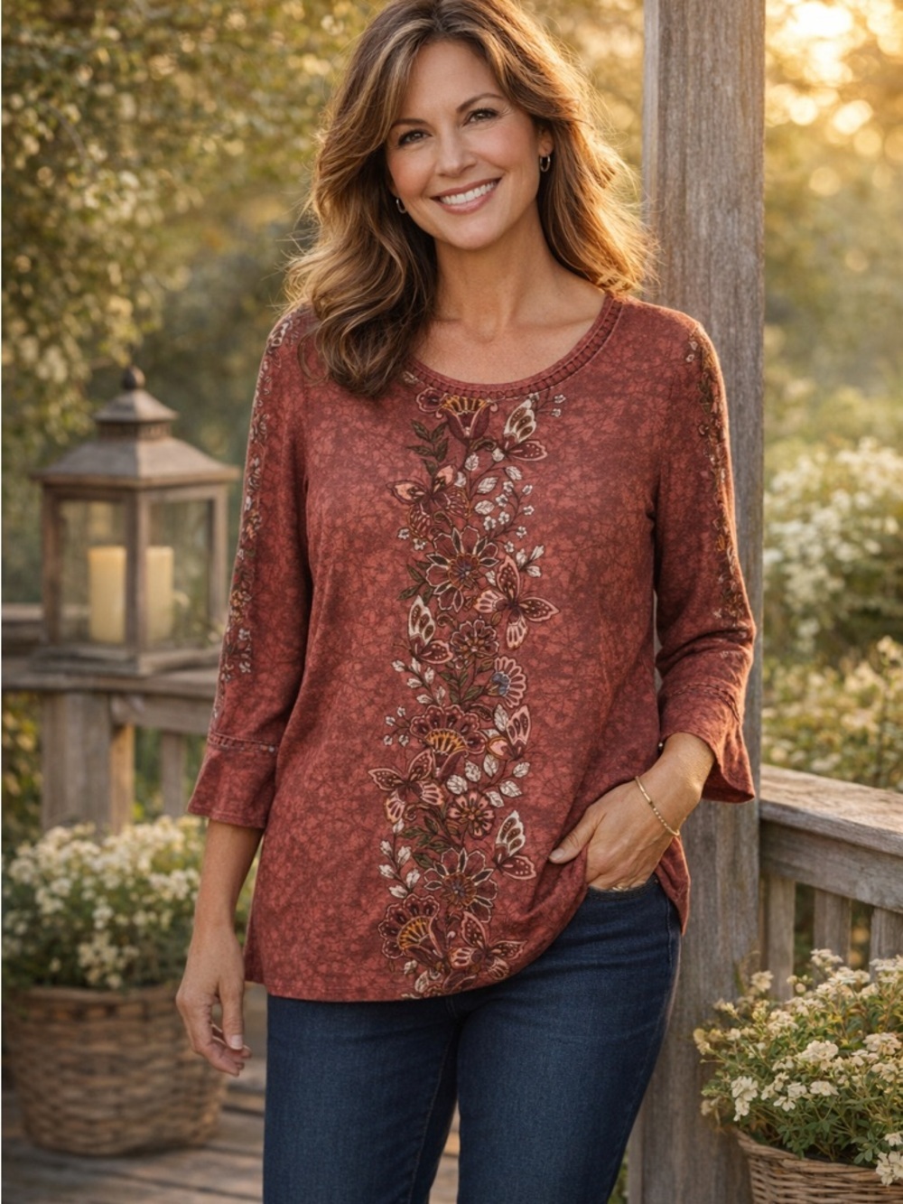 Alfred Dunner Women's Floral Texture Lace Trim Top NWT Size Small